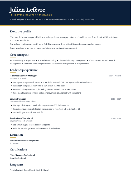 IT Service Delivery Manager CV — Navy CV template