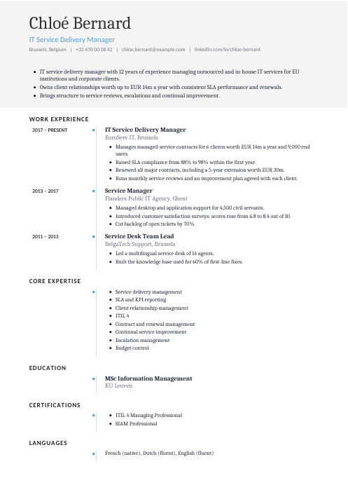 IT Service Delivery Manager CV — Timeline CV template