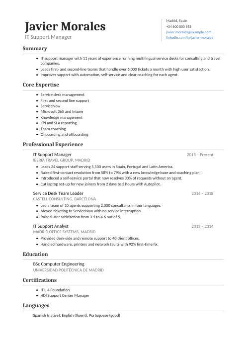 IT Support Manager CV — Classic CV template