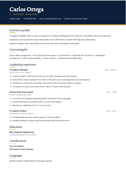 IT Support Manager CV — Navy CV template