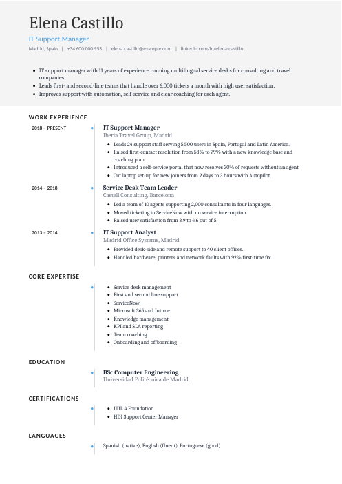 IT Support Manager CV — Timeline CV template