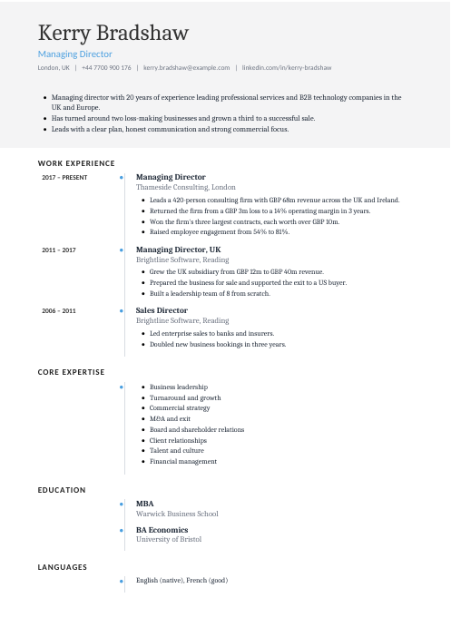 Managing Director CV — Timeline CV template