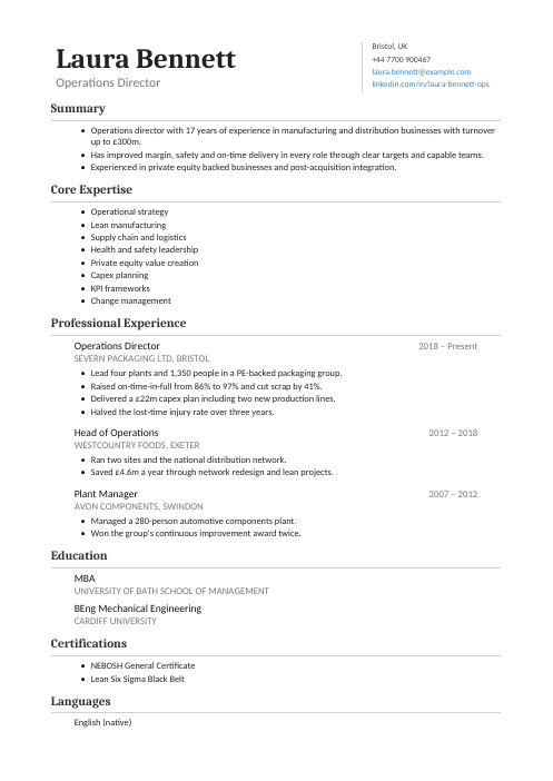 Operations Director CV — Classic CV template