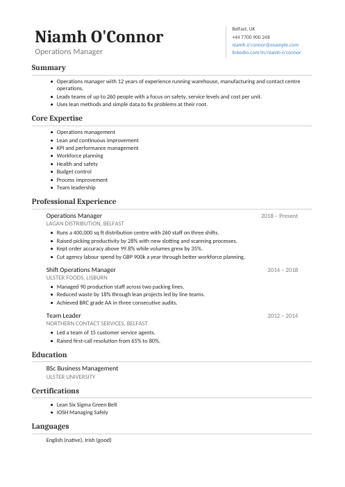 Operations Manager CV — Classic CV template