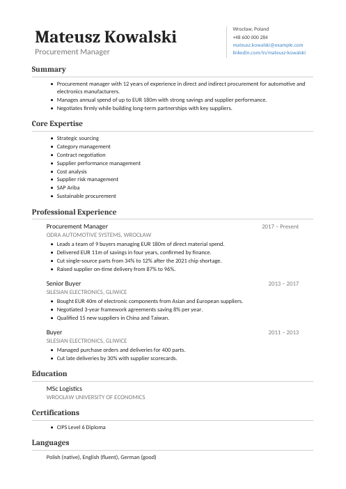 Procurement Manager CV — Classic CV template
