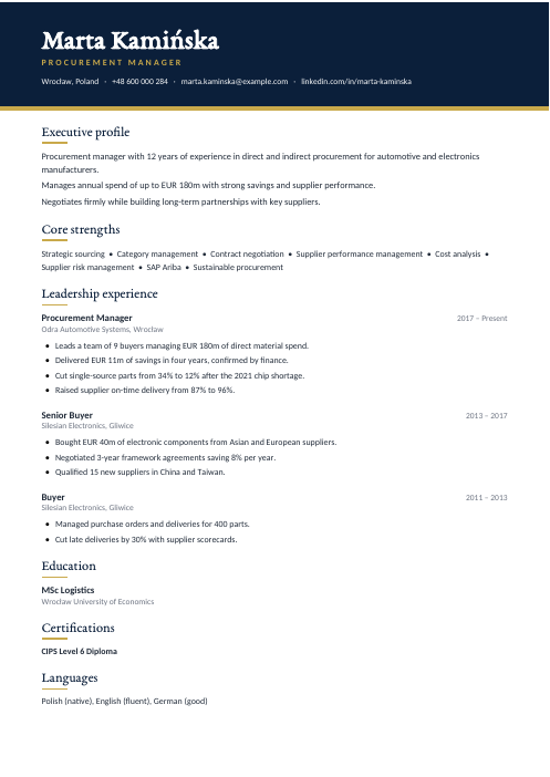 Procurement Manager CV — Navy CV template
