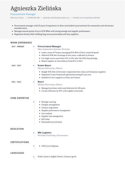 Procurement Manager CV — Timeline CV template