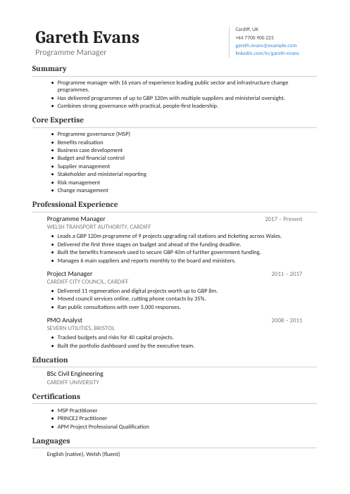 Programme Manager CV — Classic CV template