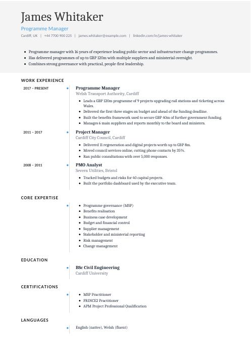 Programme Manager CV — Timeline CV template
