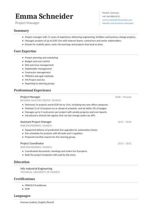 Project Manager CV — Classic CV template