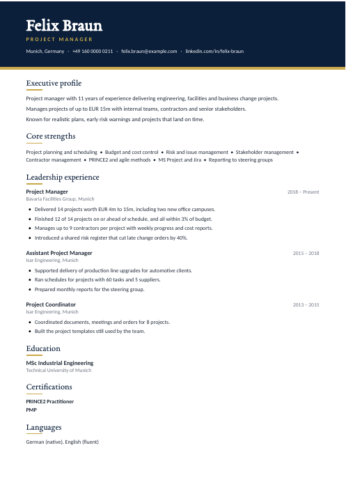 Project Manager CV — Navy CV template