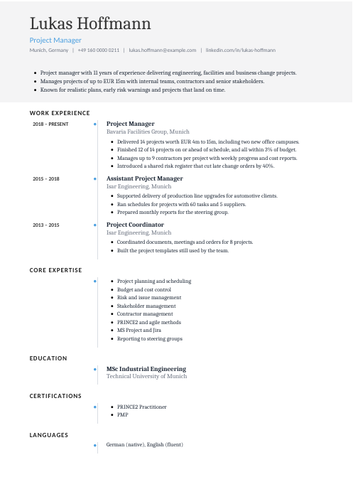 Project Manager CV — Timeline CV template