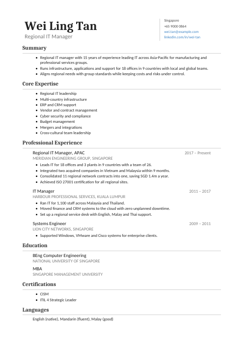 Regional IT Manager CV — Classic CV template
