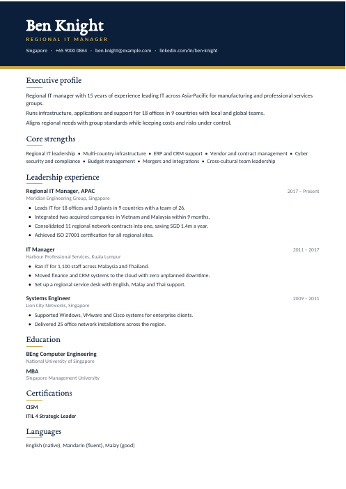 Regional IT Manager CV — Navy CV template
