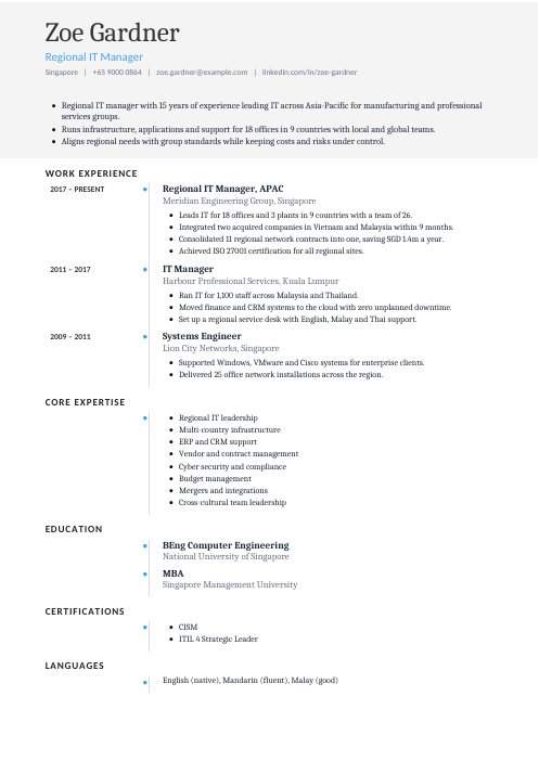 Regional IT Manager CV — Timeline CV template