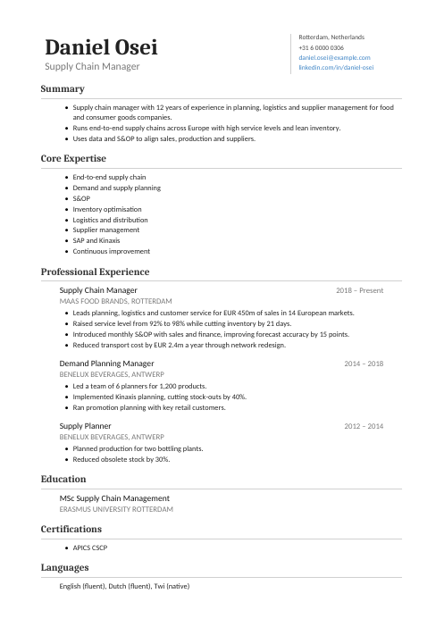 Supply Chain Manager CV — Classic CV template