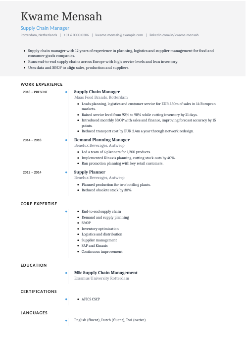 Supply Chain Manager CV — Timeline CV template